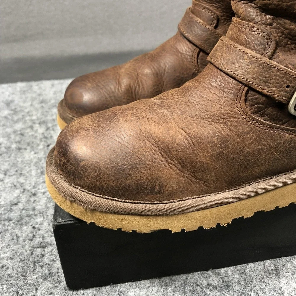 UGG Shearling Boots Girls 3 Brown Leather Zip Buckle Lined 1969 Mid Calf Winter